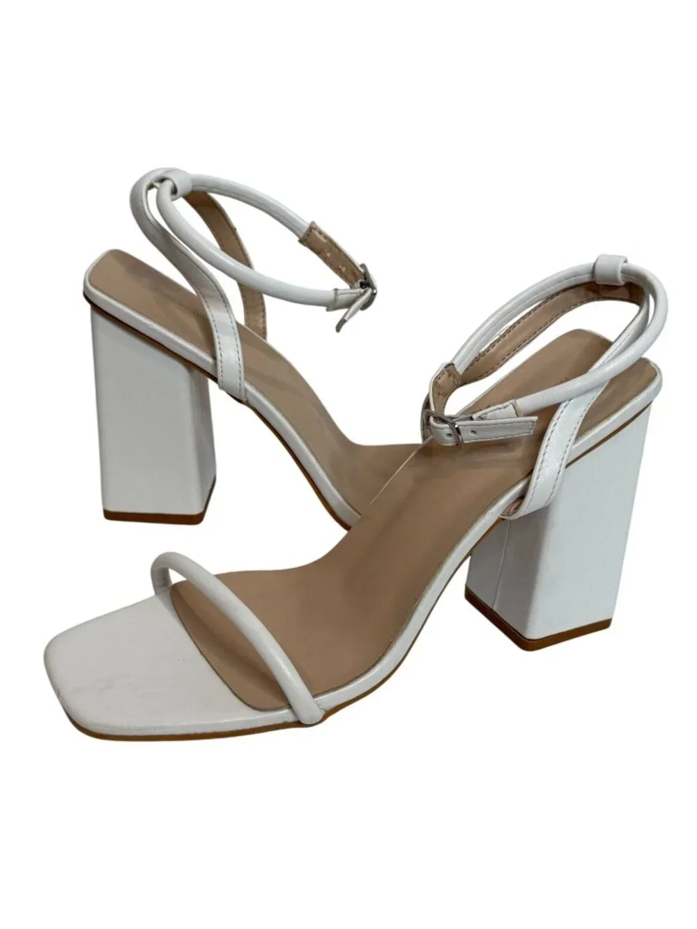PrettyLittleThing Women's White Strappy Block Heel Sandals Square Toe Size 9